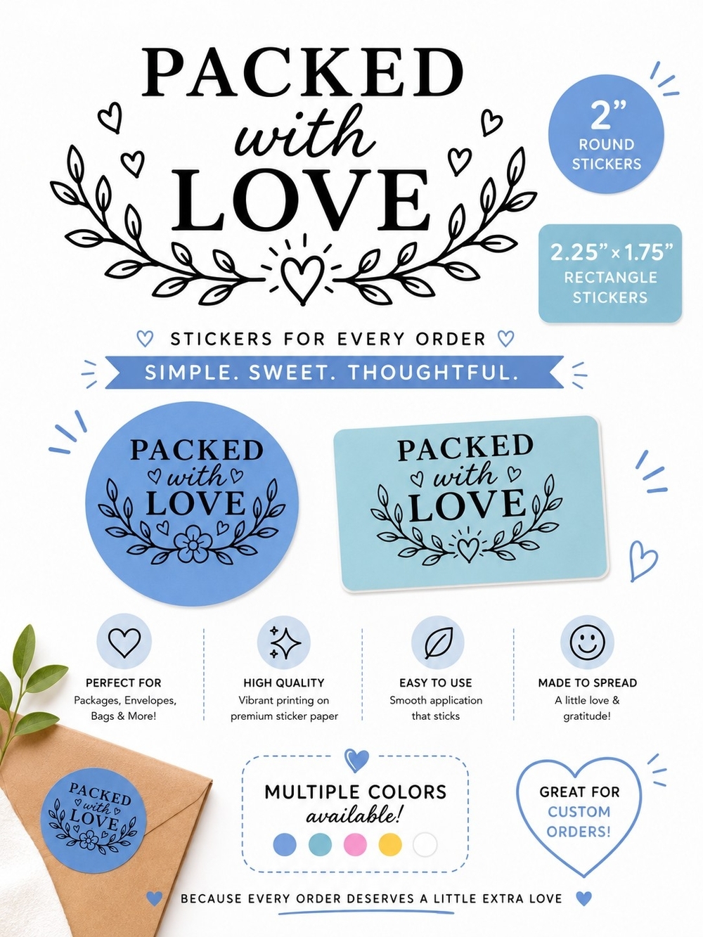 200 Stickers | Blue Floral Packed with Love | Small Business Boutique Supplies